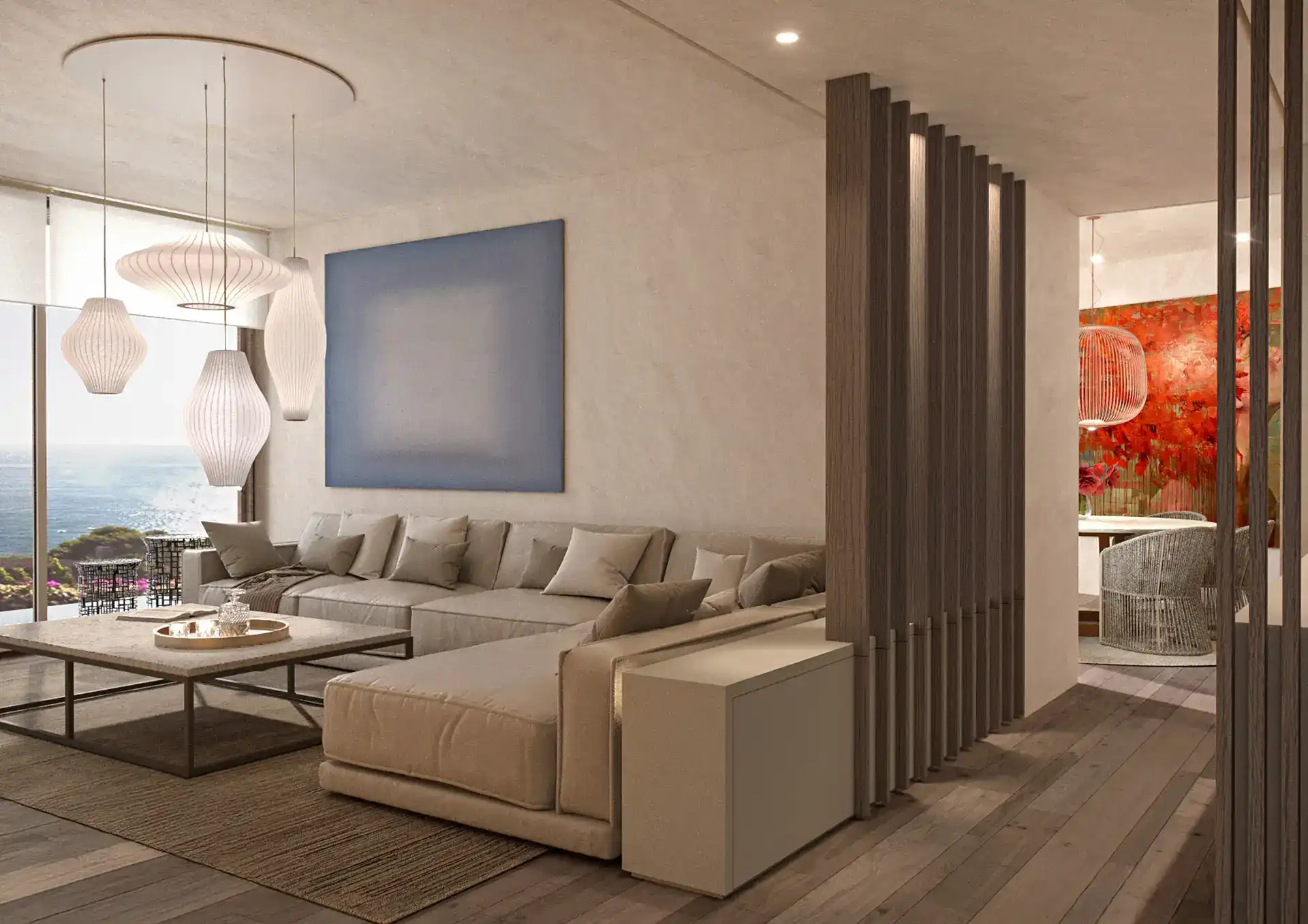 Open-plan living room with layered lighting