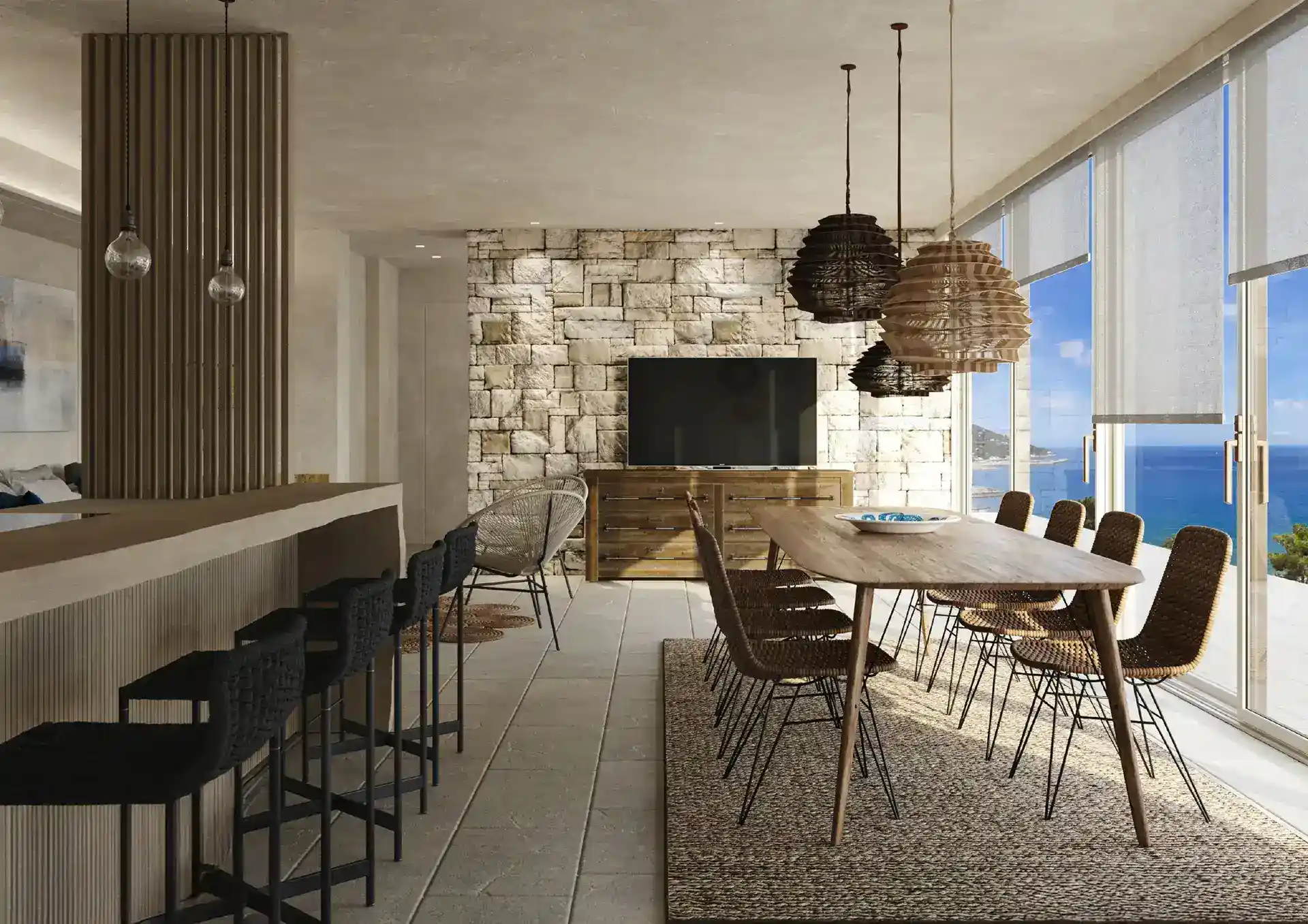 Open-plan kitchen and dining space opening to a terrace
