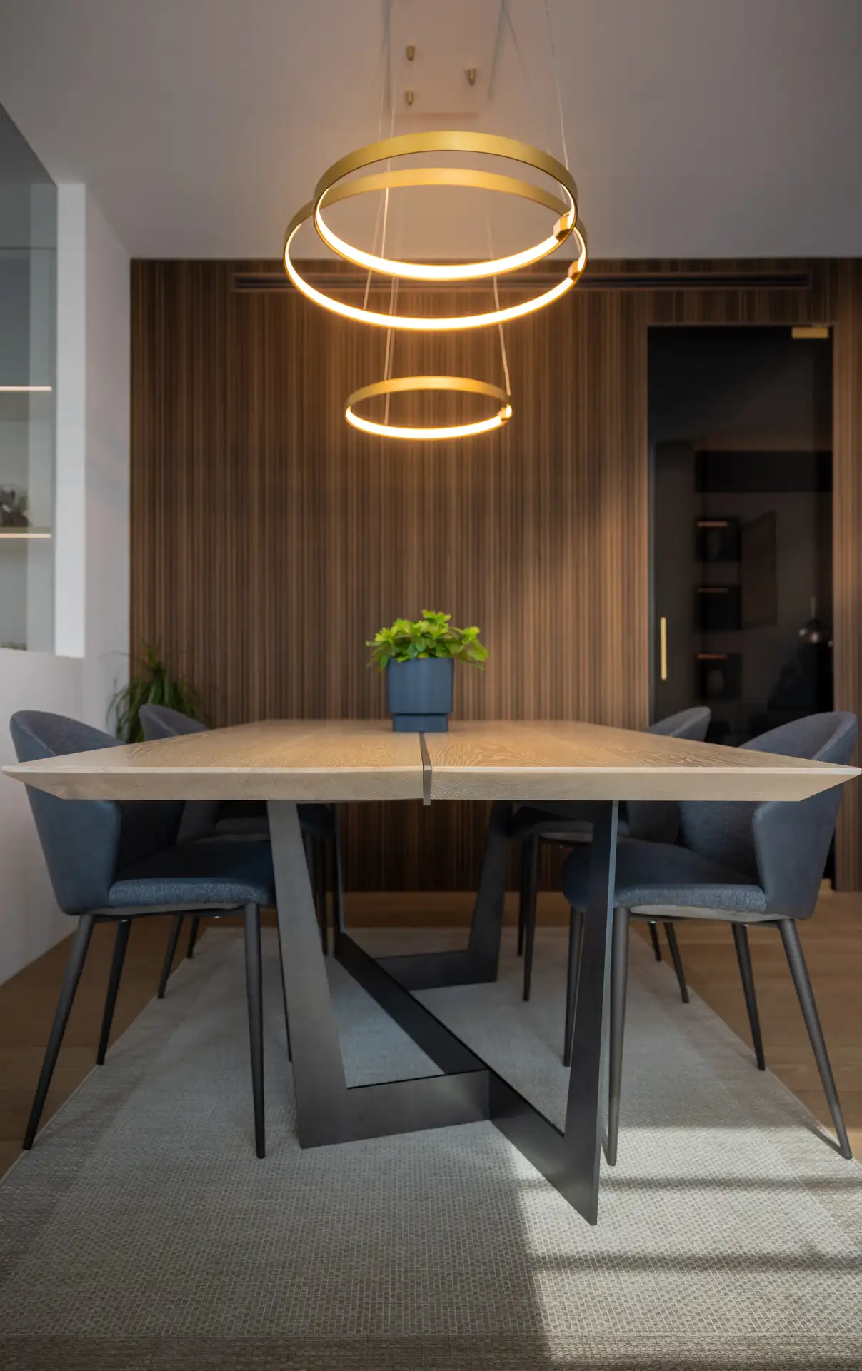 Dining table below a two-ring pendant light